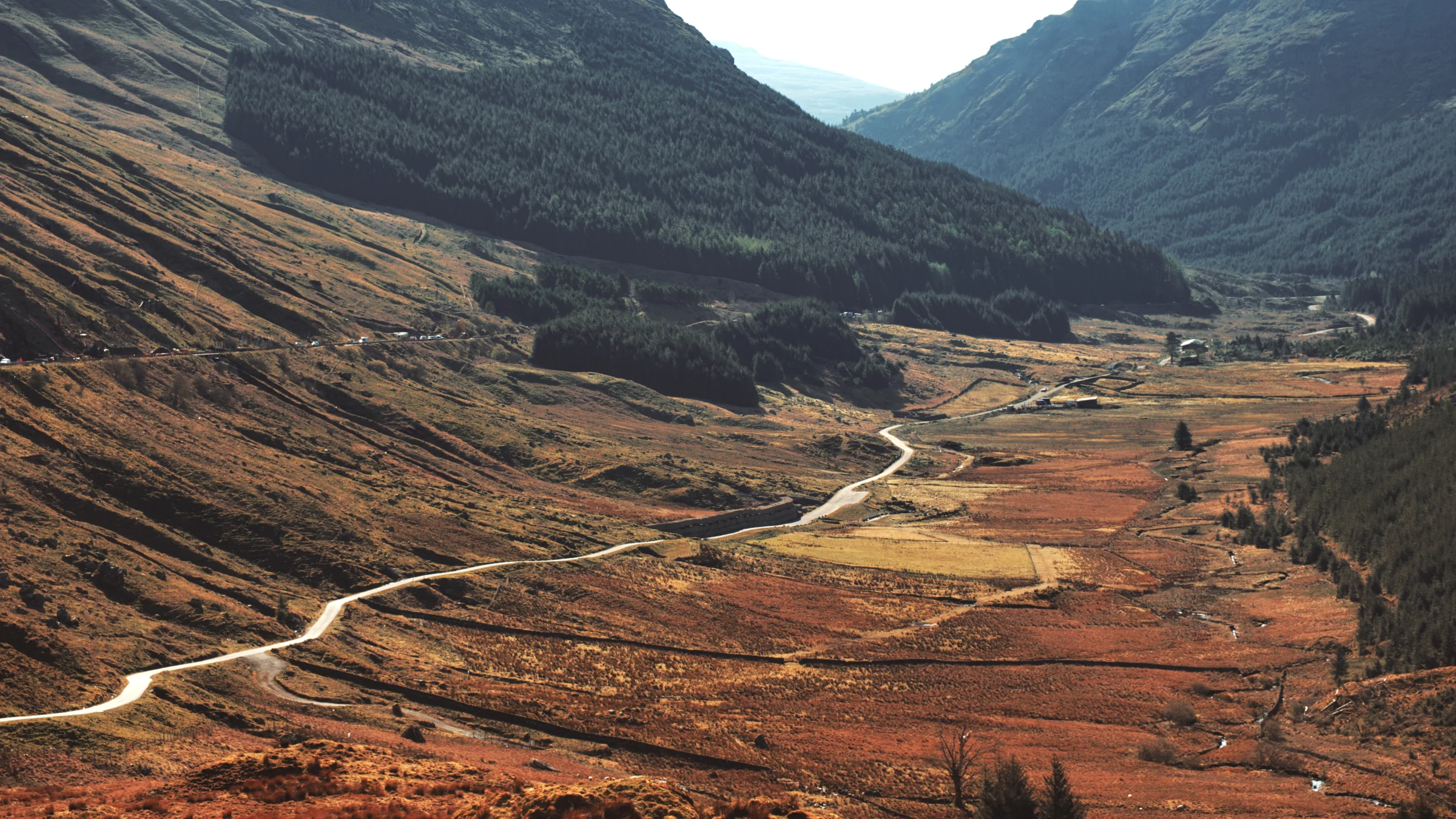 There's a strong chance this image contains the following subjects: landscape,  travel,  nature,  road,  valley,  scotland,  highlands,  scottishhighlands. The photographer has provided the following description: In Argyll and Bute in the Scottish Highlands is this peaceful spot.... 
