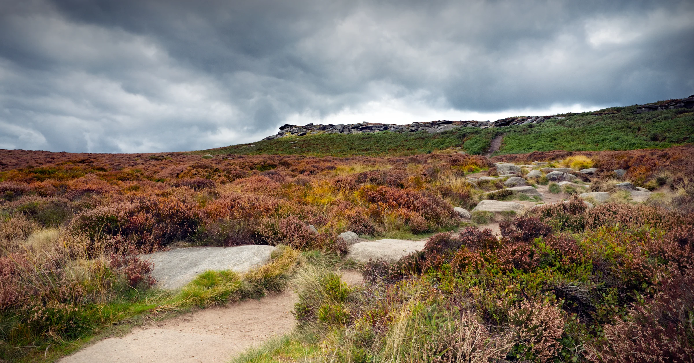 There's a strong chance this image contains the following subjects: sky,  landscape,  travel,  nature,  peakdistrict,  grass,  cloud. The photographer has provided the following description: In the heart of the Peak District, Stanage Edge is an absolute beauty and not a strenuous climb at all. Well worth a visit. Photographer_name: Chris Michael. Title: Stanage Edge. The photographer has provided the following description: In the heart of the Peak District, Stanage Edge is an absolute beauty and not a strenuous climb at all. Well worth a visit. Make: canon. Model: EOS R. Technical: 16mm. Published: 2025-09-07 23:42:30