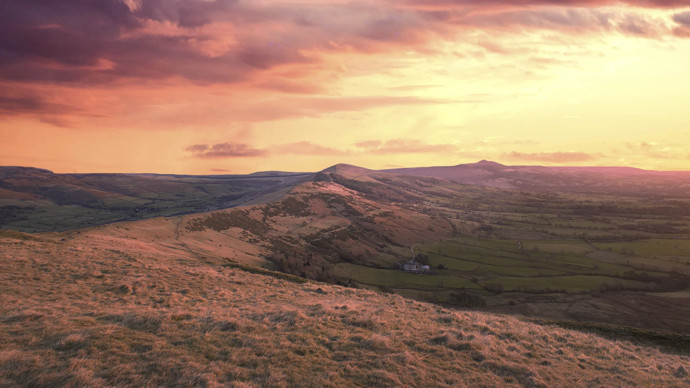 There's a strong chance this image contains the following subjects: sky,  landscape,  travel,  sunset,  nature,  dawn,  peakdistrict,  desert. The photographer has provided the following description: Over in the Peak District, I was lucky to capture Back Tor from Mam Tor during an epic sunrise Photographer_name: Chris Michael. Title: Sunny Back Tor. The photographer has provided the following description: Over in the Peak District, I was lucky to capture Back Tor from Mam Tor during an epic sunrise Make: canon. Model: EOS R. Technical: RF70-200mm. Published: 2025-09-05 18:49:51