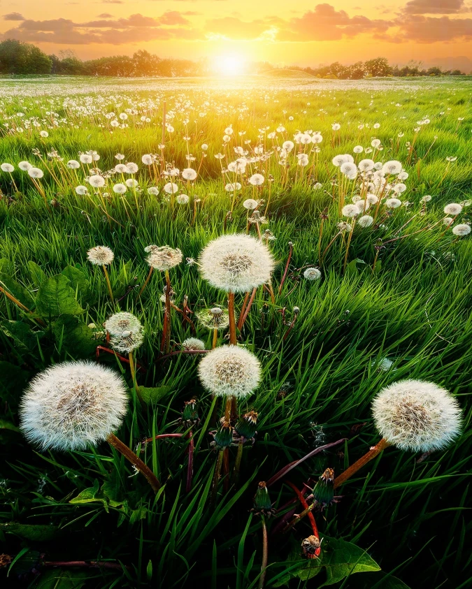 There's a strong chance this image contains the following subjects: flower,  nature,  summer,  field,  season,  grass. Source: https://www.instagram.com/andy_light_images/ Photographer_name: Andy Light. Title: Dandelion Sunset. Published: 2025-07-01 08:48:12